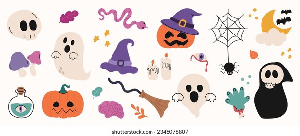 Happy Halloween day element background vector. Cute collection of spooky ghost, pumpkin, bat, lollipop, spider, skull, snake, spirit. Adorable halloween festival elements for decoration, prints.