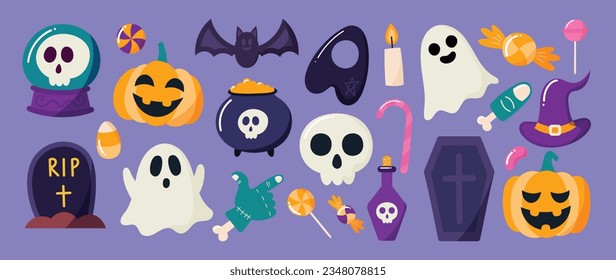 Happy Halloween day element background vector. Cute collection of spooky ghost, pumpkin, bat, lollipop, cauldron, coffin, grave, skull. Adorable halloween festival elements for decoration, prints.