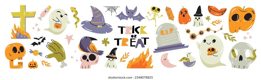 Happy Halloween day element background vector. Cute collection of spooky ghost, pumpkin, bat, lollipop, grave, skull, snake, spirit. Adorable halloween festival elements for decoration, prints.
