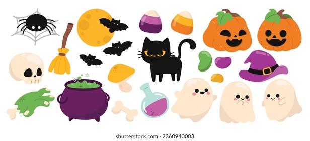 Happy Halloween-Tag Element Hintergrund Vektorgrafik. Geräumige Kollektion von spokigem Geist, Kürbis, Fledermaus, Süßigkeiten, Mond, Schädel, Spinne, Katze, Kessel. Adorable halloween Festivalelemente für Dekoration, Drucke.