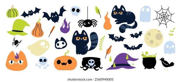Happy Halloween day element background vector. Cute collection of spooky ghost, pumpkin, bat, candy, moon, skull, spider, cat, cauldron. Adorable halloween festival elements for decoration, prints.