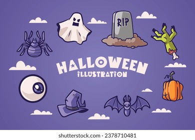 Happy Halloween day element background vector. Cute collection of spooky ghost, pumpkin, bat, candy, cat, skull, spider, grave, castle. Adorable halloween festival elements for decoration, prints.