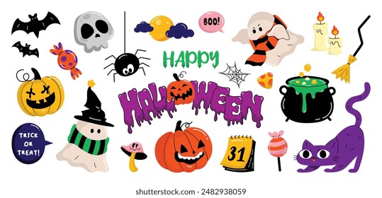 Happy Halloween day element background vector. Cute collection of spooky ghost, pumpkin, bat, candy, skull, spider, cat, moon. Adorable halloween festival elements for decoration, prints, sticker.