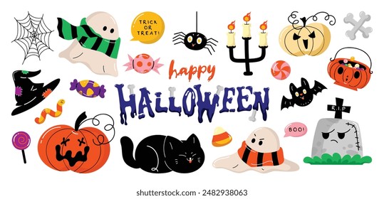 Happy Halloween day element background vector. Cute collection of spooky ghost, pumpkin, bat, candy, skull, spider, cat, worm. Adorable halloween festival elements for decoration, prints, sticker.