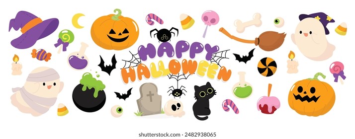 Happy Halloween day element background vector. Cute collection of spooky ghost, pumpkin, bat, candy, skull, spider, cat, cobweb. Adorable halloween festival elements for decoration, prints, sticker.