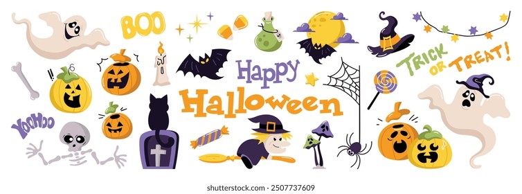 Happy Halloween day element background vector. Cute collection of spooky ghost, pumpkin, bat, candy, moon, skull, spider, cat, witch. Adorable halloween festival elements for decoration, prints.