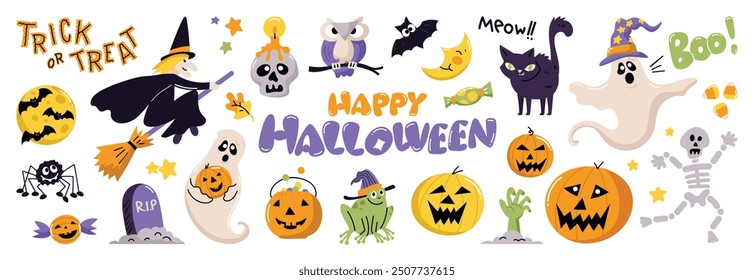 Feliz día de Halloween elemento de fondo Vector. Linda colección de fantasma espeluznante, calabaza, murciélago, caramelo, luna, cráneo, araña, gato, rana. Adorables Elementos del festival de halloween para la decoración, impresiones.