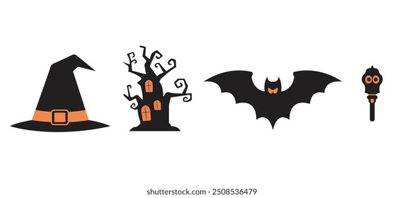 Happy Halloween day element background vector. Cute collection of spooky ghost, pumpkin, bat, candy, cat, skull, spider, grave, castle. Adorable halloween festival elements for decoration, prints.
