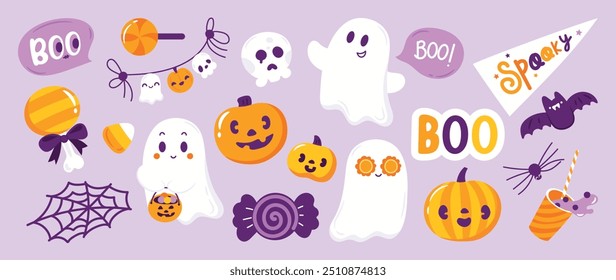 Happy Halloween day element background vector. Cute collection of spooky ghost, pumpkin, bat, candy, skull, spider. Adorable halloween festival elements for decoration, prints.