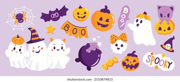 Vetor de fundo feliz do elemento do dia de Halloween. Coleção bonita de fantasma assustador, abóbora, morcego, doce, gato, crânio, aranha. Elementos adoráveis do festival de halloween para decoração, impressões.