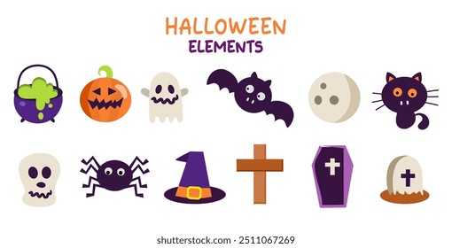 Happy Halloween day element background vector. Cute collection of spooky ghost, pumpkin, bat, cat, skull, spider, grave, moon. Adorable halloween festival elements for decoration, prints.