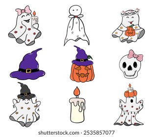 Happy Halloween day element background vector. Cute collection of spooky ghost, pumpkin, skull, Adorable halloween festival elements for decoration, prints.
