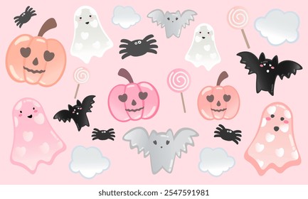 Feliz día de Halloween elemento de fondo Vector. Linda colección de fantasma espeluznante, calabaza, murciélago, caramelo, luna, araña, adorables Elementos de festival de halloween para decoración, estampados.