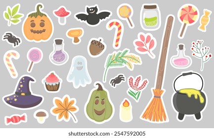 Happy Halloween day element background vector. Cute collection of spooky ghost, pumpkin, bat, candy, moon, spider,Adorable halloween festival elements for decoration, prints.