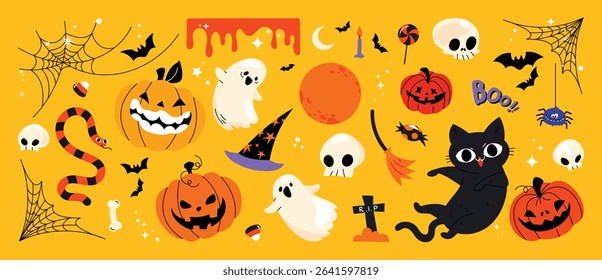 Happy Halloween day element background vector. Cute collection of spooky ghost, pumpkin, bat, candy, moon, skull, spider, grave, worm. Adorable halloween festival elements for decoration, prints.