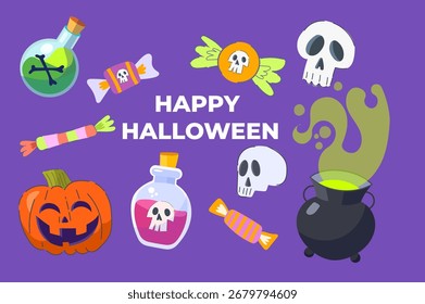 Happy Halloween day element background vector. Cute collection of skeleton, pumpkin, bat, candy, elixir, skull,. Adorable Halloween festival set of elements for decoration and party.  Printable	
