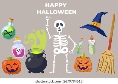 Happy Halloween day element background vector. Cute collection of skeleton, pumpkin, bat, candy, elixir, skull,. Adorable Halloween festival set of elements for decoration and party.  Printable	
