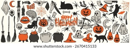 Happy Halloween day element background vector. Cute collection of spooky ghost, pumpkin, bat, moon, skull, spider. Adorable halloween festival elements for decoration, prints.