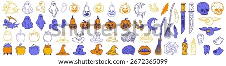 Happy Halloween day element background vector. Cute collection of spooky ghost, pumpkin, bat, moon, skull, spider. Adorable halloween festival elements for decoration, prints.