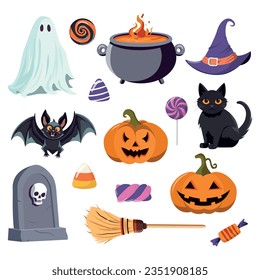 Happy Halloween day element. Cute vector collection of spooky ghost, pumpkin, bat, candy, cat, grave. Cartoon Halloween festival elements for decoration, prints.