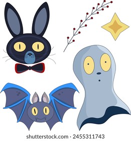 Happy Halloween day element vector. cute ghost bat bunny star branch for halloween stickers