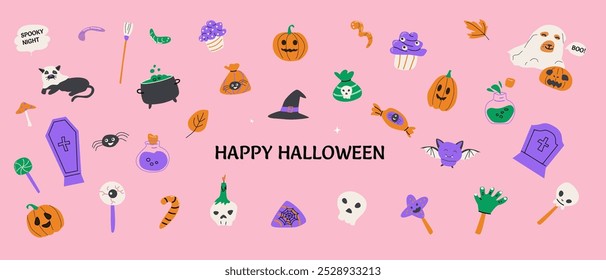 Happy Halloween Day elements background. Cute Helloween sticker pack on pink. Retro colors. Halloween
