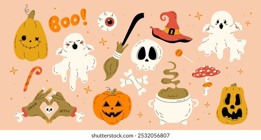 Happy Halloween day elements in hand drawn style. Cute collection of pumpkin, skull, zombie hands, cat, ghost. October holiday stickers, design elements set. Isolated flat vector illustrations