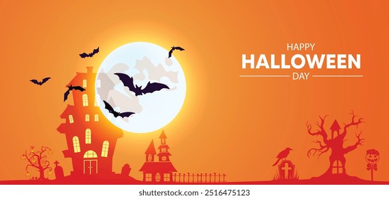 happy Halloween day flying bats on moon night vector poster