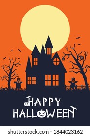 Happy Halloween Day, full moon in the night, bats flying, stars in the sky, pumpkins. vector illustration