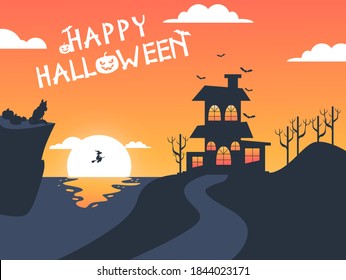 Happy Halloween Day, full moon in the night, bats flying, stars in the sky, pumpkins. vector illustration