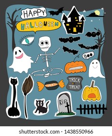 Happy Halloween Day with funny cartoon characters like ghost, skeleton, bone, black cat, witch broom, candy, pumpkin, hunter house, text boo, trick or treat, scary tree, eye, flying bats, fence, R.I.P