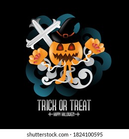 Happy halloween day. The ghost pumpkin with Hat and cross on black background. Vector illustration.