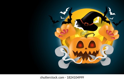 Happy halloween day. The ghost pumpkin with Hat and bats at night is full moon. Vector illustration.