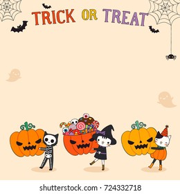 Happy halloween day greeting card. Cute cartoon cats wearing halloween costumes and holding big pumpkins with text trick or treat. Copy space for text. Flat design. Vector Illustration.