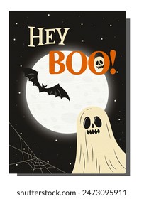 Happy Halloween day greting card Hey Boo, for cartoon element. Cute collection of spooky ghost, bat, spider, grave, castle. Adorable halloween festival vector elements for decoration, prints.