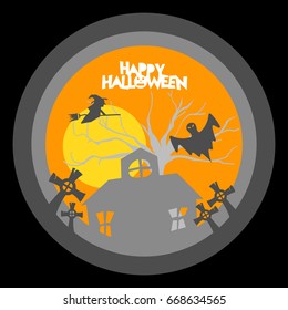 Happy halloween day with haunted house ,ghost,witch and orange moon ,vector and illustration.