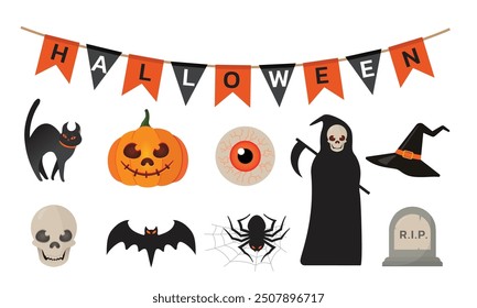 Feliz día de Halloween icono elemento Vector. Linda colección de calabaza, murciélago, gato, cráneo, araña, ojo, segador, tumba y sombrero de bruja. Ilustración de dibujos animados.