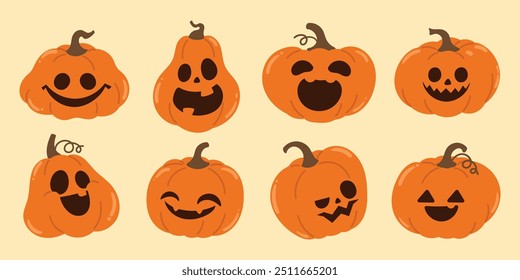 Happy Halloween day Jack o lantern element vector set. Spooky Collection of orange pumpkin in different spooky faces. Creepy jack o lantern illustration for decoration, kids, poster, sticker, icon.