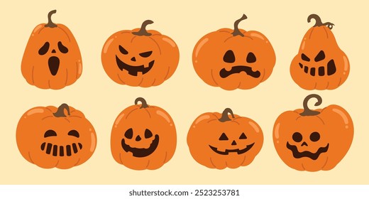 Happy Halloween day Jack o lantern element vector set. Spooky Collection of orange pumpkin in different spooky faces. Creepy jack o lantern illustration for decoration, kids, poster, sticker, icon.