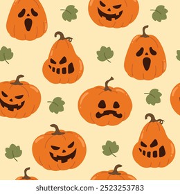 Feliz Dia das Bruxas Jack o lanterna padrão sem emenda. Papel de parede assustador de abóbora laranja em diferentes faces assustadoras. Jack assustador ilustração lanterna para tecido, azulejo, envoltório, cartaz, adesivo.