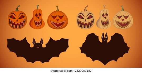 Feliz Dia das Bruxas Jack o lanterna elemento vetor conjunto. Coleção assustadora de abóbora laranja em diferentes faces assustadoras. Jack assustador ilustração lanterna para decoração, crianças, cartaz, adesivo, ícone.