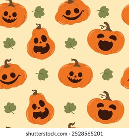 Feliz Dia das Bruxas Jack o lanterna padrão sem emenda. Papel de parede assustador de abóbora laranja em diferentes faces assustadoras. Jack assustador ilustração lanterna para tecido, azulejo, envoltório, cartaz, adesivo.