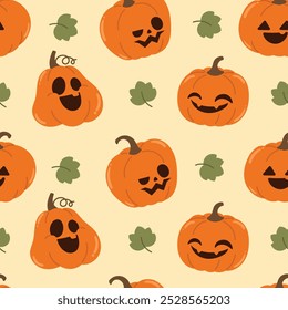 Feliz Dia das Bruxas Jack o lanterna padrão sem emenda. Papel de parede assustador de abóbora laranja em diferentes faces assustadoras. Jack assustador ilustração lanterna para tecido, azulejo, envoltório, cartaz, adesivo.