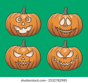 Happy Halloween day Jack o lantern element vector set. Spooky Collection of orange pumpkin in different spooky faces. Creepy jack o lantern illustration for decoration, kids, poster, sticker, and icon