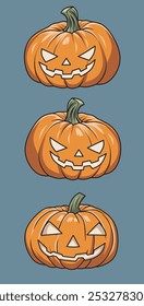 Happy Halloween day Jack o lantern element vector set. Spooky Collection of orange pumpkin in different spooky faces. Creepy jack o lantern illustration for decoration, kids, poster, sticker, icon.