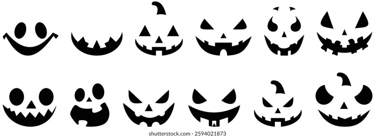 Happy Halloween day Jack o lantern element vector set. Spooky Collection of orange pumpkin in different spooky faces. Creepy jack o lantern illustration for decoration, kids, poster, sticker, icon