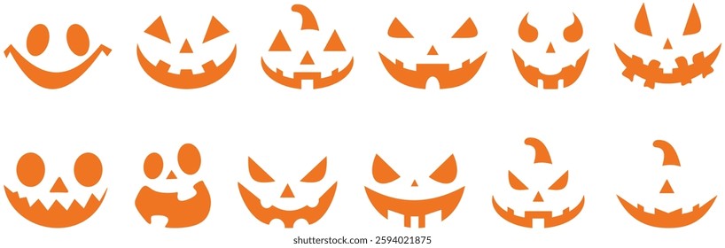 Happy Halloween day Jack o lantern element vector set. Spooky Collection of orange pumpkin in different spooky faces. Creepy jack o lantern vector illustration for decoration