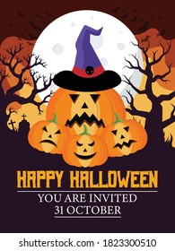 Happy Halloween day layout poster design in flat style. 