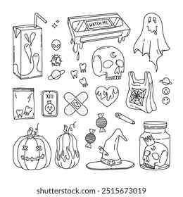 Feliz Dia das Bruxas linha doodle set. Halloween vetor mão desenhado grande conjunto no estilo Y2K. Pacote de adesivo de terror e tatuagens. Fita de vídeo, fantasma, suco, crânio, dentes, abóbora, chapéu de bruxa, tarô