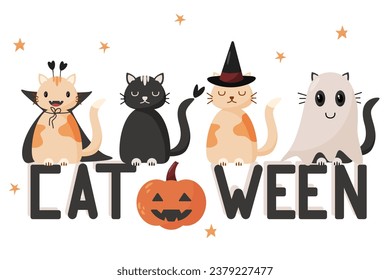Happy Halloween day lovely pet vector illustration. Cute collection of cats with Halloween costumes